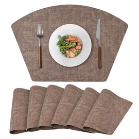 Round Table Placemats Set of 6, Faux Leather Wedge Shape Place Mats Heat Resistant Wipeable Washable Table Mats for Dining Outdoor Indoor, Brown