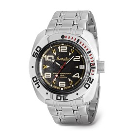 Vostok | Amphibian Automatic Self-Winding Russian Diver Wrist Watch | WR 200m | Amphibia 710335 | Black Dial 40mm Mechanical Watch | Luminous dots | Steel Bracelet