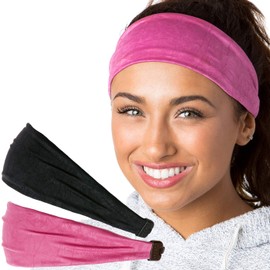 Hipsy Adjustable & Stretchy Crushed Xflex Wide Headbands for Women Girls & Teens (Crushed Black & Pink 2pk)