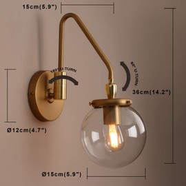 Pathson Industrial Swing Arm Wall Sconce Lighting, Adjustable Globe Wall Vanity Light for Bathroom, Hardwired Wall Lamp Fixture for Bedside Living Room Study Room (Antique)
