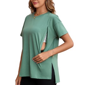 Ecavus Women's Oversized Nursing Shirts for Breastfeeding with Hidden Zipper Short Sleeves Side Splits Maternity Tops Green