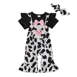 Doisbetthsay Baby Girl Romper Spring Summer Outfit Short Sleeve Spliced Jumpsuit + Headband Infant Newborn Clothes (Cow Black, 6-9 Months)