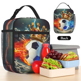 Quelindra Soccer Lunch Box，Water And Fire Crown Football Ball Lunch Bag，Sports-Themed Lunch Bag For Kids Teens Boys Girls, Insulated Cooler Waterproof Reusable Lunch Bags,Tote Bag With Double Zippers