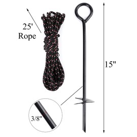 Yesland 8 Pack 15 Inch Black Ground Anchor, Reusable Heavy Duty Steel Wind Stakes, 3/8 Inch Thick in Diameter with 25 Feet of Rope