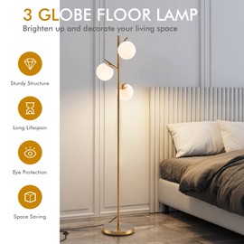 DORTALA Golden Floor Lamp, 169CM Tall Modern Freestanding 3-Globe Lamp with Convenient Foot Switch & 3 E26 Bulb Bases for Living Room Bedroom Study