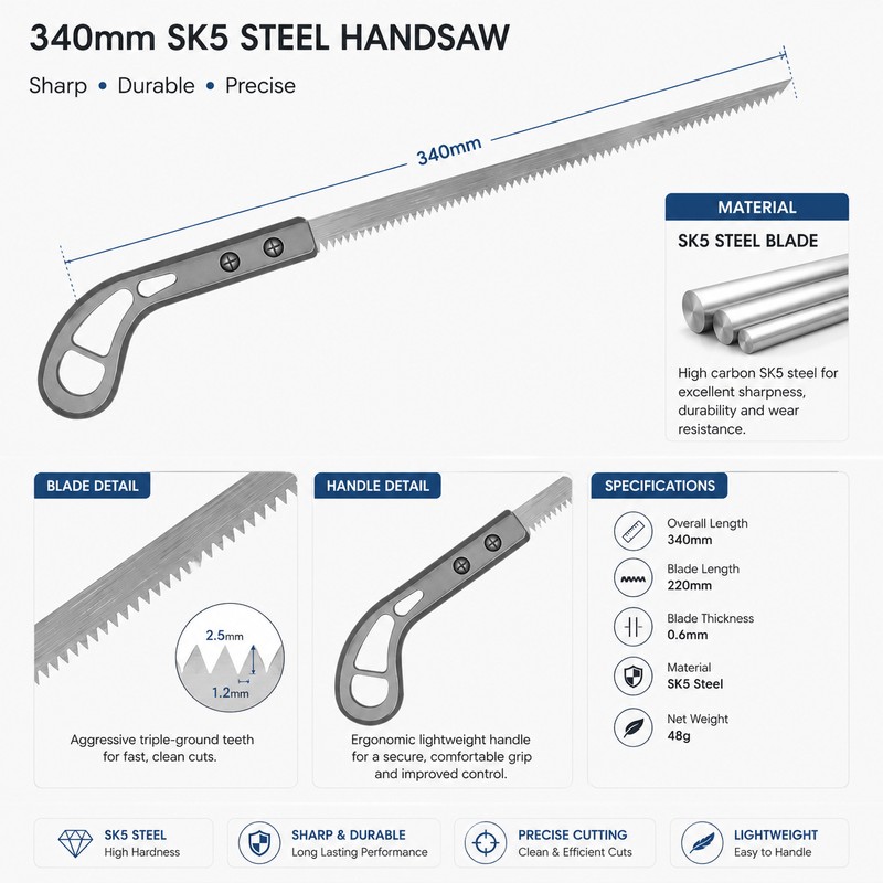 340mm Hand Saw for Wood Cutting – SK5 Steel Manual