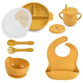 Joline Designs Silicone Baby Feeding Set - Perfect silicone plates for baby & Toddler Plates with lid, Baby Bowls with Suction, Baby Utensils - Baby Led Weaning Supplies & Eating Essential - (Yellow)