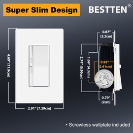 BESTTEN 0-10V Dimmer Light Switch, Super Slim Low Voltage Dimmer Switch for Dimmable LED Lights, Single-Pole or 3-Way, Screwless Wallplate Included, ETL Listed, White