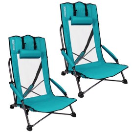 Beach Chairs for Adults Set of 2 Low Folding Beach Chairs Higher Back Support with Head Pillows Shoulder Straps