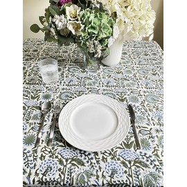 ATOSII Clover Blue 100% Cotton Round Boho Fall Tablecloth, Handblock Floral Table Cloth Linen for Kitchen Dining I Parties Wedding Outdoors Christmas Thanksgiving I 90" Inches Round I 6 Seater