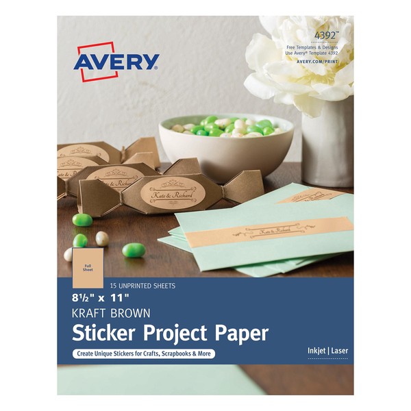 Avery Printable Sticker Paper, 8.5" x 11", Kraft Brown, Inkjet Printer, 15 Craft Paper Sheets (4392)