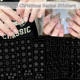 6 Sheets Airbrush Nail Stencils Stickers Hollow Design Christmas Nails Guides Decals Snowflake Elk Xmas Tree Hat Sock Nails Art Stencils 3D Self-Adhesive Nails Supplies for Women Manicure DIY Tools