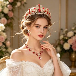 Aimilcall Tiaras Crowns for Women,Necklace Earrings Crystal Bridal Jewelry Set For Wedding, Birthday, Quinceañera for Prom Party Cosplay (Gold Red)