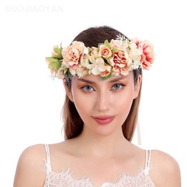 Yheahin Boho Flower Crown Headband for Women Handmade Rose Floral Hair Band Beach Bridal Wedding Party Flower Headpiece Festival Photo Props (Flower 11, Elastic)