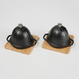 HAWOK Pre-Seasoned Cast Iron Garlic Roaster with Bamboo Tray, BBQ Grill Garlic Baker, Mini Cocotte, Black, Set of 2