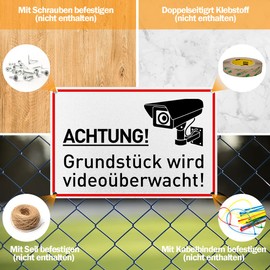 LEEPAT LEEPAT Achtung Videoberwachung Schild, 30x20cm Aluminium Video Warnschilder, inkl. 4 Bohrl?cher Abgerundete Ecken Hinweisschild, 24 Stunde Videoberwacht Schilder fr Zuhause, Outdoor