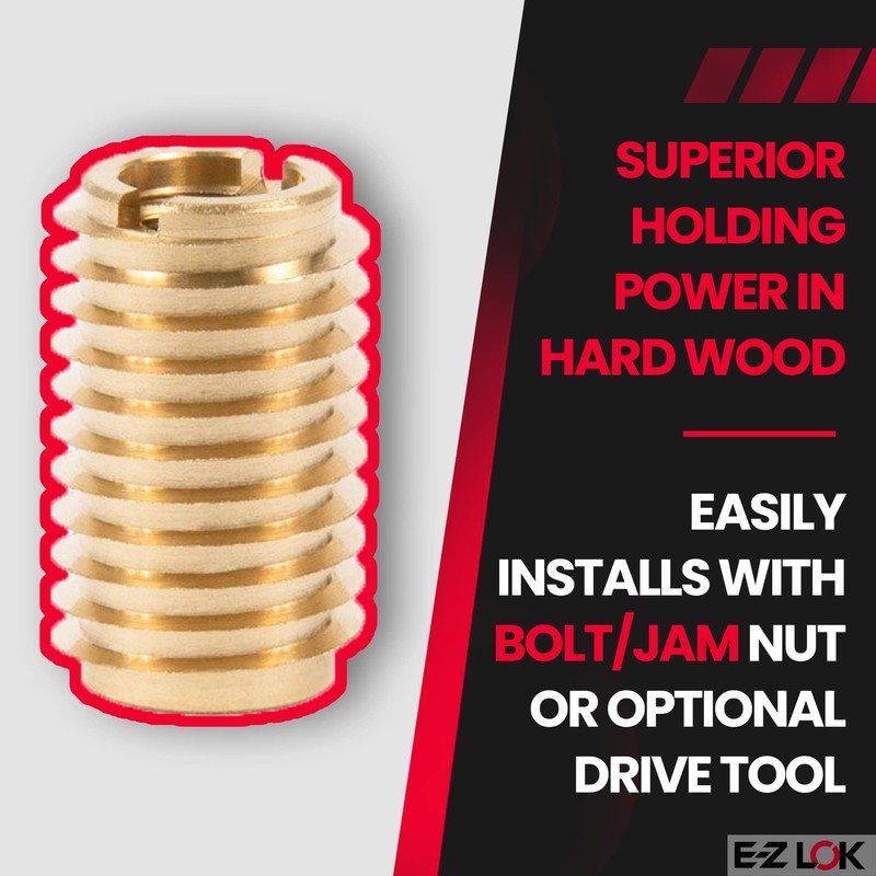 E-Z LOK Brass Wood-Threaded Insert, 3/8-16, 1.00" Length, Pack of