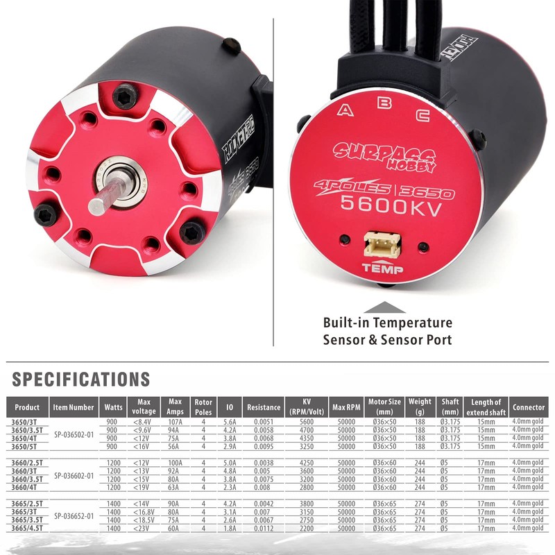 Surpass Hobby Brushless Motor, Supersonic 3650 5600kv 3.175mm Bullet Black