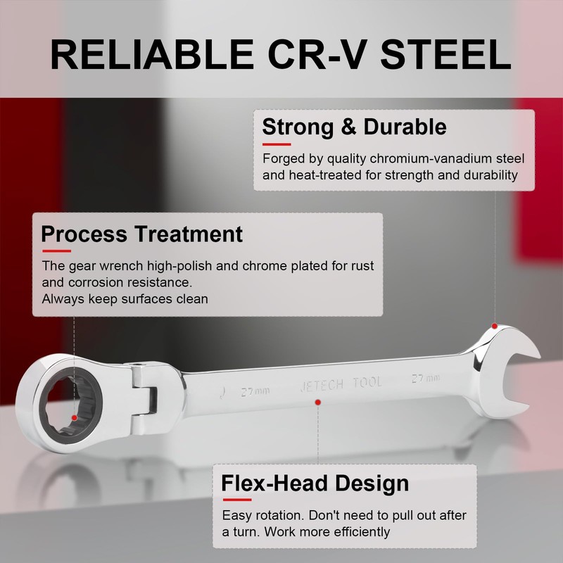 Jetech 27mm Flex-Head Ratcheting Combination Wrench, Premium Industrial Grade Spanner