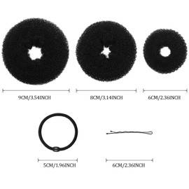 Women, Girls and Kids Foam Sponge Donut Hair Bun Shaper Set - 9 Rings with 12 Elastic Bands and 32 Bobby Pins (Black)