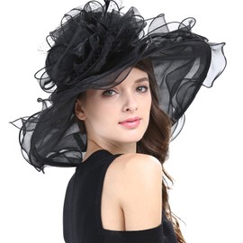 Janey&Rubbins Women's Feathers Floral Fascinating Wide Brim Lightweight Church Derby Hat (Black)