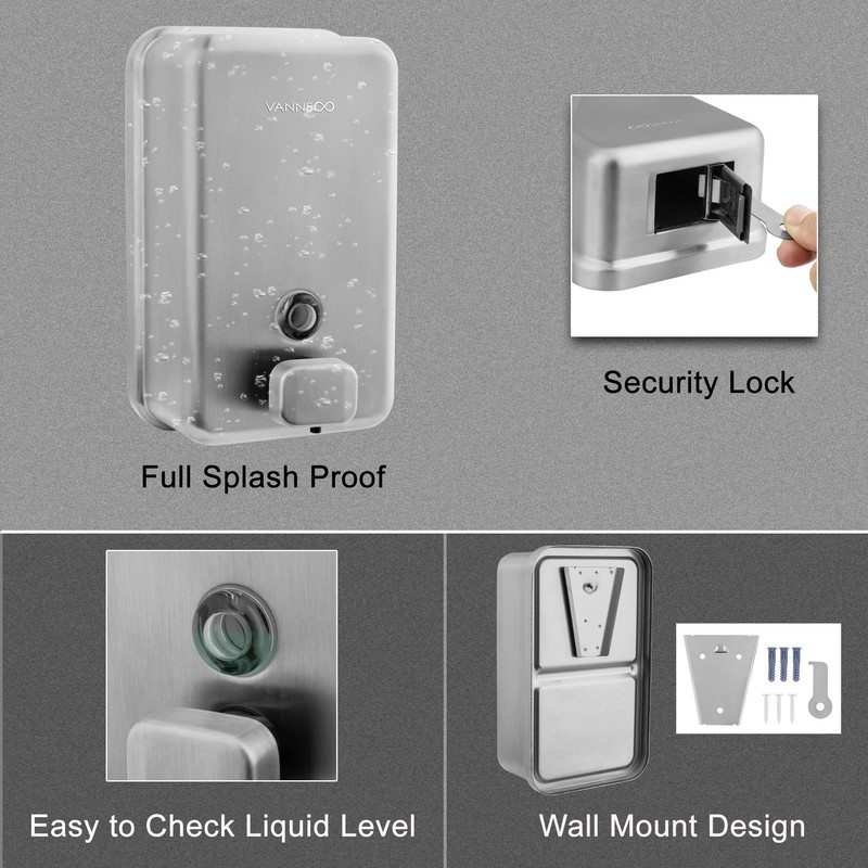 VANNSOO Wall Mounted Soap Dispenser Bathroom, 1100ml 37oz Commercial Stainless