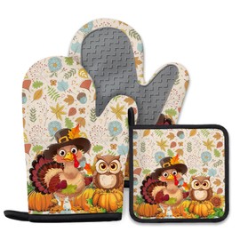 CTATDIOP Turkey Oven Mitts and Pot Holders 3Pcs, Fall Thanksgiving Silicone Oven Mitts Brithday for Cooking Lover, Turkeys Heat Resistant Non-Slip Oven Gloves for Mom Wife Sister BFF