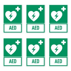 Stickers: 75 x 50 mm, Pack of 6 – Automated External Defibrillator (AED) – Rescue Sign with Text (German) (Green/White) – Vertical – E010 – DIN EN ISO 7010 / ASR A1.3