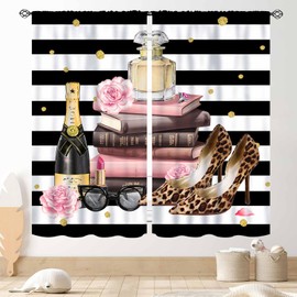Cortinas de moda para mujer, diseño de rayas negras y blancas, rosas, tacones altos, libros de revistas, flores, modernas, románticas, cortinas para ventana, para recámara, sala de estar, baño, 2
