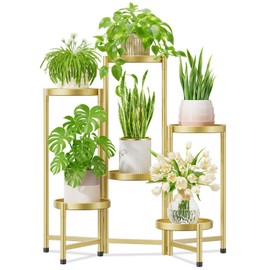 iDavosic.ly 6 Tier Metal Plant Stand for Indoor Outdoor, Folding Tiered Corner Flower Display Holder Shelf, 31 Inch Tall Orchid Rack for House Patio Balcony Garden Living Room, Gold
