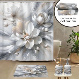 Ambesonne Grey Bathroom Decor Set 4 Pcs Including Shower Curtain with Hooks Bath Mat Soap Dispenser Toothbrush Holder in Box Essentials & Accessories, Magnolia Abstract Theme, Ecru Purpleblue Coconut