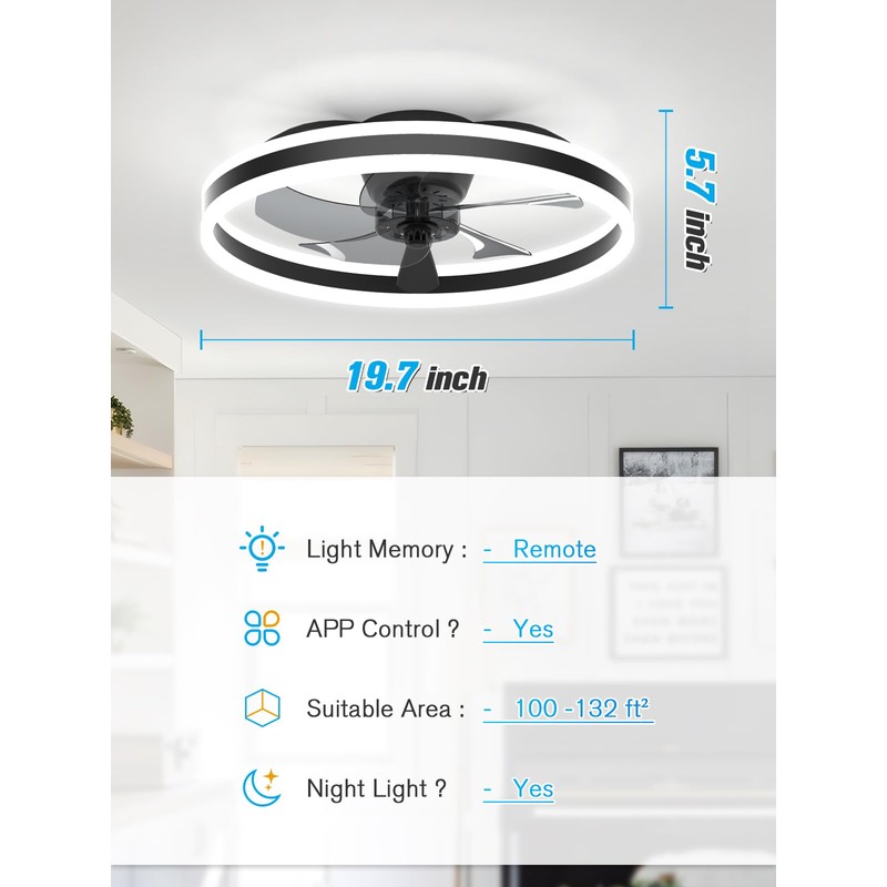 JOFIOS Ceiling Fans with Lights,19.7" Flush Mount Ceiling Fan with