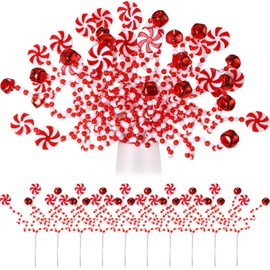Tigeen 24 Pieces Candy Cane Picks for Christmas Tree 3 in 1 Candy Christmas Picks Bell Candy Cane Picks Xmas Tree Toppers for Xmas Party Vase Fillers DIY Wreath Crafts Decor(Red, White)