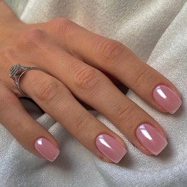 Qsnidy Press on Nails Square - Pearlescent Pink Glazed Fake Nails Short Acrylic Full Cover Glue on Nails in 12 Sizes - 24 Piece Nail Kit，Natural Fit for Women & Girls Daily Wear