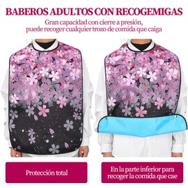 Baberos para Adultos, Baberos Impermeables y Reutilizable para la Hora de Comer, Duradero y Fácil de Limpiar, Baberos para Adultos Mayores para Hombres, Mujeres, Ancianos.(Flor Melocotón)
