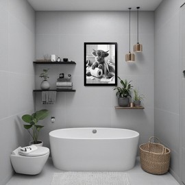 OIQArtOIQ Funny Bathroom Canvas Wall Art Black and White Framed Wall Art Highland Cow And Toilet Paper Art Prints Artwork For Restroom 8x10 in
