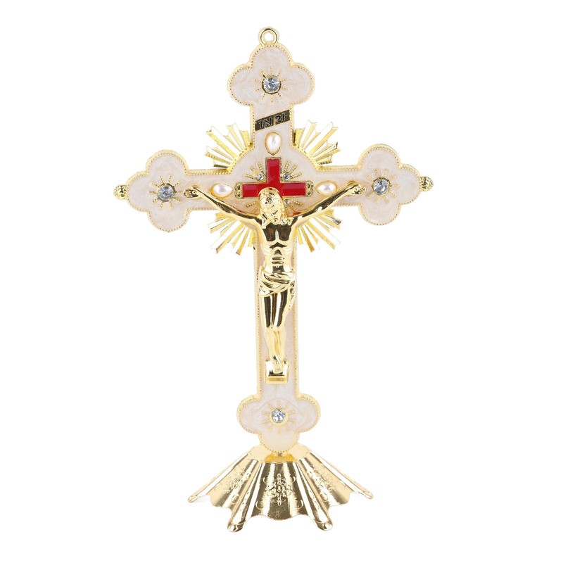 Metal Standing Cross Red Rhinestone Decoration Exquisite Retro Elegance Standing