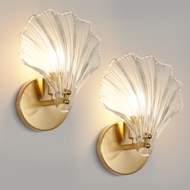 Ovyiech 2 Pack Gold Glass Wall Sconces Crystal Wall Light with Clear Shell Shaped Glass Shades, Mid Century Gold Vanity Light Brass Bathroom Light Fixtures Beside The Mirror for Bedroom Porch Indoor