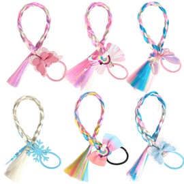 YISSION 6Pcs Hair Ties for Girls, 15 Inch Colorful Braid Hair Extensions for Kids, Bow Butterfly Braided Hair Extension with Rubber Bands, Hair Accessories for Girls Gift Party Cosplay