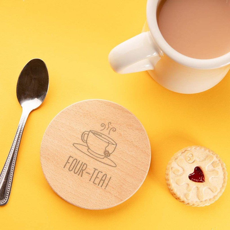 "Four-tea!" Engraved Wooden Coaster - Funny 40th Birthday Gift For
