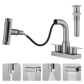 Bathroom Sink Faucet with Pull Down Sprayer 3 Holes, Brushed Nickel 4 inch 2 Handles Centerset Laundry Bar Basin Pull Out Faucet with Pop-Up Drain