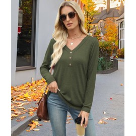 XMTOPYE Womens Fall Casual Tops Long Sleeve V Neck Button Pullover Shirts Green