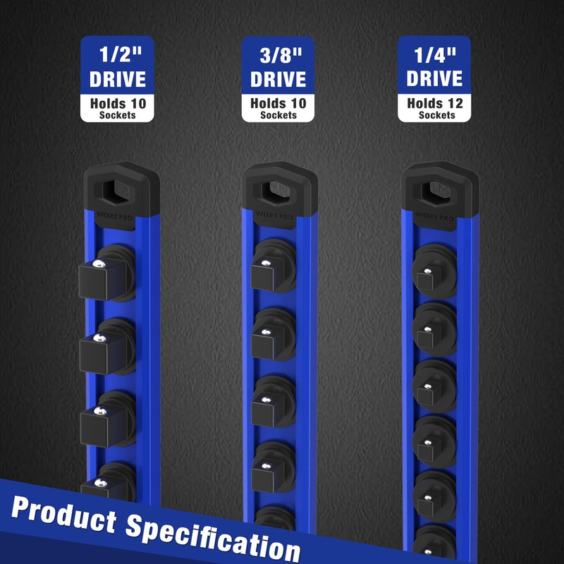 WORKPRO Magnetic Socket Organizer Set, 3-Piece Aluminum Alloy Socket Rail,