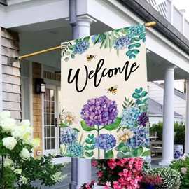 Baccessor Summer Spring Hydrangea House Flag Double Sided 28x40 Inch, Purple Blue Flower Floral Welcome Garden Flag Burlap Vertical Seasonal Farmhouse Yard Outdoor Decoration (Large)