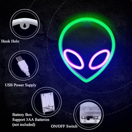 NICETHUMB Alien Neon Sign LED Light USB/Battery Operated Cool Light Up Sign for Wall Decor Game Room Aesthetic Hanging Light for Man Cave, Bedroom, Bar, Party, Christmas