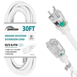HONDERSON Indoor Outdoor Extension Cord Weatherproof with Lighted End, UL Listed, 10 Gauge 30FT White 3 Prong Heavy Duty Extension Cord, 10/3 SJTW 15A Power Extension Cord for Outdoor Lights, Lawn