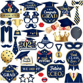 KatchOn, Graduation Photo Booth Props 2025 - Pack of 35 | Navy Blue and Gold Grad Photo Props 2025 | Grad Props for Photoshoot 2025 for Blue and Gold Graduation Decorations 2025