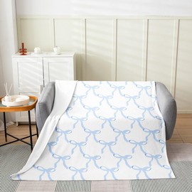 Feelyou Blue Bow Print Flannel Fleece Blanket Cute Bowknot All Season,Bed Blanket Set for Sofa Couch Kids Ribbon Bow Plush Throw Blanket, Blue Bow Room 40"x50"