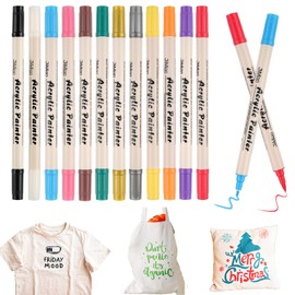 Maxmoc Textile Pens, Machine Washable, Pack of 6 Acrylic Pens, White, 1-5 mm Dual Tip Textile Markers, Waterproof Fabric Colouring Pens, Textile Paint, White (Colour)