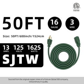 50FT 16/3 Gauge Green Outdoor Extension Cord Waterproof Heavy Duty, 3 Prong Cold Weatherproof -40℉ Flexible Power Cord, 13A 1625W SJTW ETL Listed for Lawn Mower, Christmas Lights, Tools